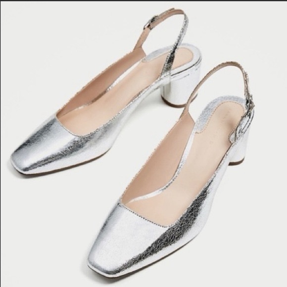 ZARA Silver Round Toe Sling Back Block Heel Size 9 - Picture 2 of 7